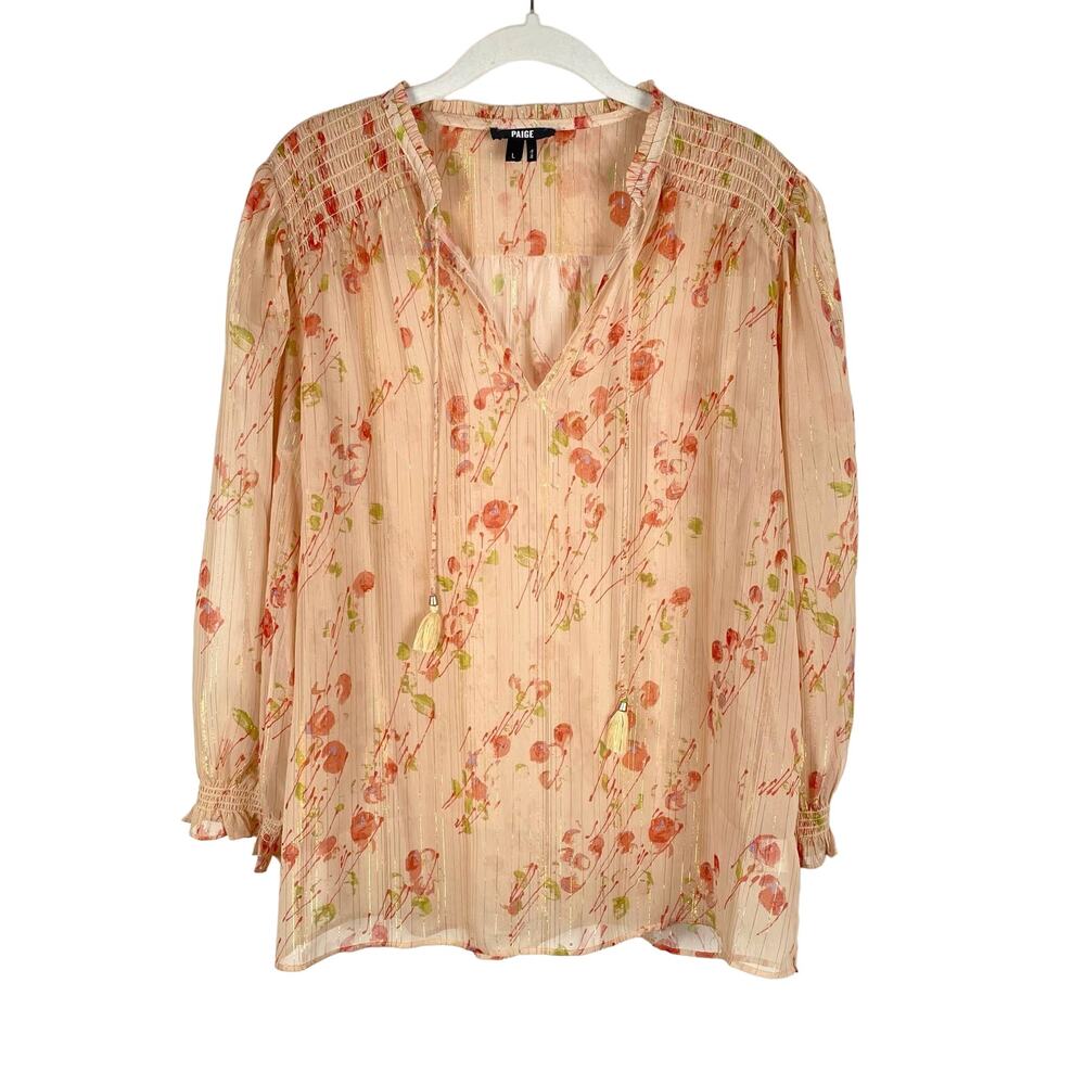 Paige Indira Sheer Floral Blouse Top Women L Metallic Stripe Afterglow Cream Red